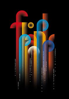 an abstract poster with different colors and shapes on black background, including the letter f