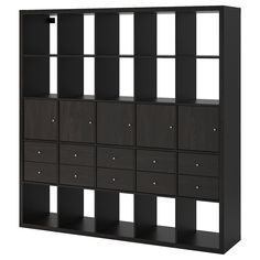 an open bookcase with many drawers and doors on each side, in dark wood