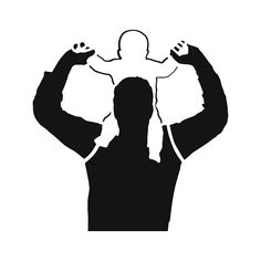 the silhouette of a man holding a baby up to his head with one arm in the air