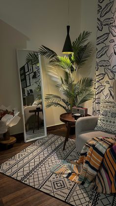 a living room filled with furniture and a large mirror on the wall next to a potted plant