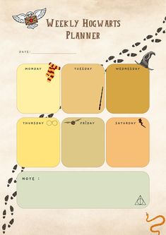 the harry potters planner is shown in yellow and brown, as well as an image of