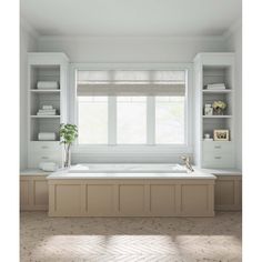 a large white bath tub sitting under a window next to a shelf filled with towels