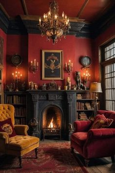 a living room filled with furniture and a fire place under a chandelier in front of a fireplace