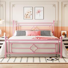 a bed with pink metal frame and headboard in a white bedroom decorated with black and white checkered rugs