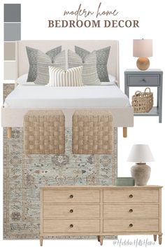 Modern transitional affordable bedroom mood board Bedroom Board Ideas, Coastal Bedroom Master Suite, Light Blue Primary Bedroom, Light Blue Brown Bedroom, Coastal Aesthetic House, Neutral Gray Bedroom, Masters Bedroom Interior Design, Utah Bedroom, Transitional Modern Bedroom