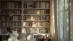 a living room filled with lots of books on top of a book shelf next to a window