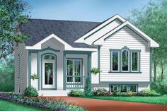 this is a colored rendering of the front elevation of these house plans for small homes