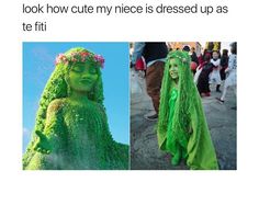 two pictures with people dressed in green and one has a woman's head made out of grass