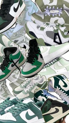 a collage of different sneakers with green and white colors