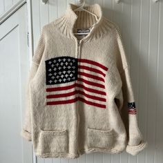 World Of Wool Vintage American Flag Sweater. Zip Up. Size Large. I Am Usually A Medium And This Fits Cozy- Oversized On Me. Amazing One Of A Kind, Hand Knit. Americana Long Sleeve Sweater For Fall, Long Sleeve Americana Sweater For Fall, Americana Long Sleeve Winter Outerwear, Fall Americana Long Sleeve Sweater, Americana Style Long Sleeve Winter Outerwear, Flag Sweater, American Flag Sweater, Vintage American Flag, Zip Up Sweater