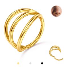 the gold ring is next to an earring on a white background with dots around it