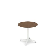 a round table with two white legs and a wooden top, on an isolated surface