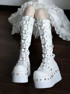 Diamond Boots, White Platform Boots, Y2k Rock, White Goth, Mary Jane Platform Shoes, Goth Shoes, Cute Shoes Heels, White Platform, Kawaii Fashion Outfits