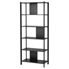 a black bookcase with four shelves on each side and one shelf in the middle