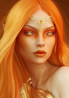 a woman with orange hair and gold makeup