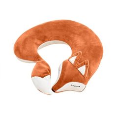 an orange and white pillow with a fox head on it's side, sitting in front of a white background