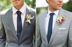 two pictures of a man in a suit and tie with flowers on his lapel