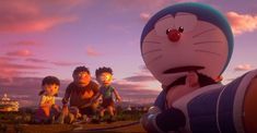 the cartoon character is laying down on the ground with other characters in the background at sunset