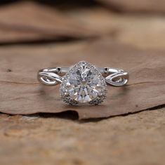 an oval cut diamond ring on top of a leaf with leaves in the foreground