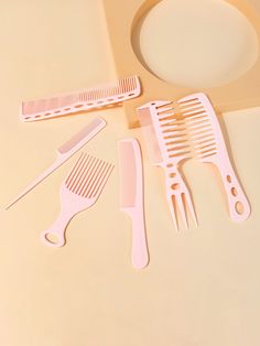 Pink  Collar  Plastic Plain Brush & Comb Sets Embellished   Beauty Tools Comb Set, Aesthetic Shop, Pink Collar, Pastel Hair, Pink Collars, Anime Love Couple, Hair Stuff, Hair Comb, Beauty Care