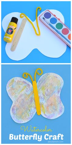 the butterfly craft is made with paper, glue and construction supplies to make it look like an