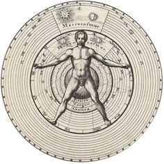 a drawing of a man standing in front of a circle