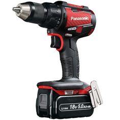 a black and red cordless drill on a white background