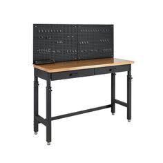 the workbench with two drawers and one drawer on each side is shown in black