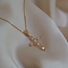 Beautiful And Romantic Cubic Zirconia Cross Necklace. Dainty And Delicate, Wear Alone Or Layered. New In Gift Box. Made By Me With Love. I Handpick My Materials Locally Here In New York. -Composition- 18k Gold Filled, Stamped On Clasp -Size- Length: Choose 20” Box Chain Pendant Size: 1” X .7” (Not Including Bail) Price Firmphotos Are My Own Tags: Choker Statement Coin Womens Cross Necklace Gold, Cross Gold Jewelry, Gold Cross Necklaces, Christ Jewelry, Gold Necklaces With Delicate Chain And Cross Pendant, Cross Chain Aesthetic, Gold Cross Jewelry, Cute Cross Necklace Gold, Gold Jewelry With Delicate Cross Pendant Chain