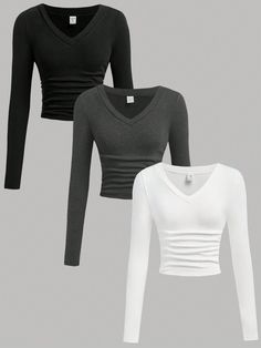 Teen Girls All-Match V-Neck Long Sleeve V Neck Top, Casual Black/White/Gray Thermal Lined Sweater Multicolor     Plain  Slight Stretch  Teen Girls Clothing, size features are:Bust: ,Length: ,Sleeve Length: