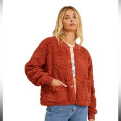 Billabong X Salty Blonde Cozy Bomber Jacket Sherpa Fleece Color Red Burnt Orange Size Large Nwot The Salty Blonde, Bikinis Retro, Salty Blonde, Faux Shearling Jacket, Cozy Jacket, Blonde Color, Shearling Jacket, The Sand, Contemporary Fashion