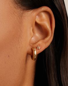 14k Gold Lou Huggies Gold Earrings Second Hole, Earings Piercings 2 Holes, 2 Peircings Earring Gold, Two Piercing Earring Ideas, 2 Peircings Women, Earrings Small Ears, Earring Inspo Triples, Seconds Ear Piercing Gold, Hoop And Stud Earring Combo