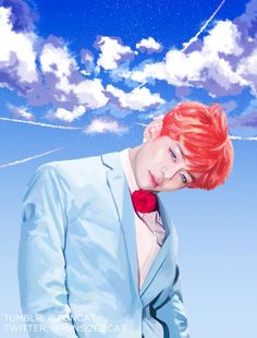 a man with red hair wearing a blue suit and bow tie standing in front of clouds