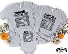 Funny Grandparent Shirts, Grandma Grandpa Baby, Gift For Grandparents, Grandma Gift, Grandpa Gift, Nutrition Facts Shirts, Matching Grandma Shirts, Matching Family Shirts, Grandma And Me, Grandpa And Me, New Grandmom, New Grandad, Grandpa To Be, Grandma To Be, Nutritional Facts Awesome matching grandma, grandpa and baby shirts - a great gift for the whole trio! HOW TO ORDER: All shirts are added individually to the basket. * Choose shirt size & model. * Choose shirt text. * Write the shirt c Grandparent Shirts, Grandpa To Be, Funny Grandma Shirts, Grandparents Shirt, Grandma To Be, Gift For Grandparents, Grandma Sweater, Family Shirts Matching, Grandpa Shirt