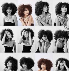 many different pictures of a woman with curly hair and necklaces on her neck, in black and white