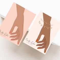 two cards with hands on them, one has a gold bracelet and the other is a pink background