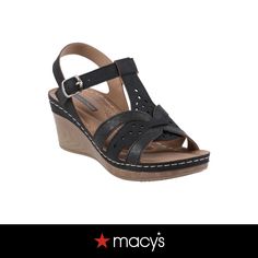 in stock Black Wedge Sandals, Wedge Sandal, T Strap, Wedge Sandals, Womens Sandals, Leather Upper, Shoe Accessories, Wedges, Faux Leather