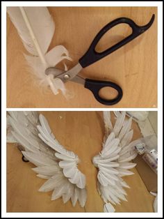 two pictures of white feathers and scissors on top of a wooden table next to each other