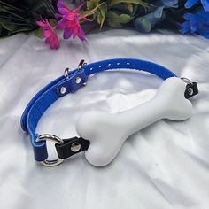 a dog collar with a large bone on it's side and a blue leash attached to the collar