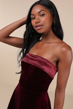 Tell me you're the perfect party invite without telling me in the Lulus Captivating Admiration Burgundy Velvet Strapless Mini Dress! Plush velvet shapes this extra-sweet dress that features a straight neckline, with hidden no-slip strips and a satin fold-over detail, that tops a strapless, princess-seamed bodice. High, fitted waist sits atop a lightly structured skater skirt that falls to a cute mini hem. Hidden back zipper/clasp. Fit: This garment fits true to size. Length: Mid-thigh. Size medi Mini Dress Velvet, Dress Mid Length, Dress Velvet, Burgundy Velvet, Straight Neckline, Burgundy Dress, Strapless Mini Dress, Mid Dresses, Sweet Dress