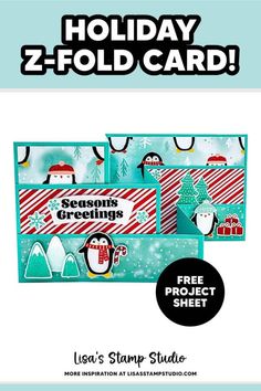 two christmas cards with penguins on them and the text holiday z fold card free printable