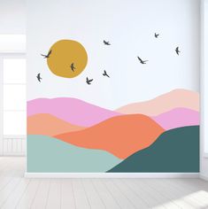 birds flying in the sky over mountains and hills wall mural decal by artful walls