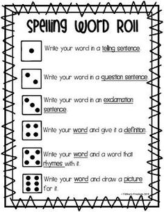 a printable spelling word roll with four dices and the words in each letter