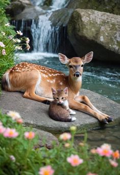 two cats are sitting on a rock next to a deer that is laying in the water