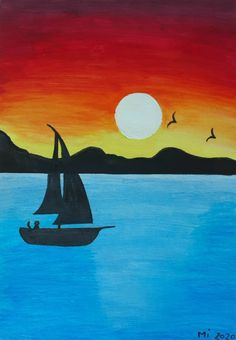 an acrylic painting of a sailboat in the ocean with a sunset behind it