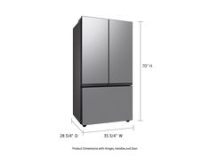 the refrigerator is shown with measurements for it's door and bottom section, as well as its height