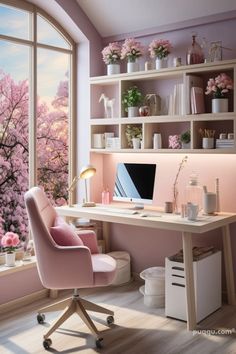 a desk with a computer on top of it in front of a window filled with pink flowers