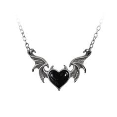 The Black Demon Heart Of A Gothic Seductress, Nocturnally Enticing Her Prey With Ravishing Enchantment. An Enameled Black Heart With Horns, Between The Outstretched Flying Wings Of A Demon. Made From Fine English Pewter Which Doesn't Tarnish Like Silver And Is Free Of Nickle & Lead, Blackened To Add An Antiqued Look. Approximate Dimensions Of The Pendant: H: 35mm (1.38") W: 2.13" D: 0.24" Chain: On A 20" (53cm) Curb Chain Plus A 1 ½" Extender Chain. Materials: Fine English Pewter, Enamel P896 34 Heart With Horns, Demon Heart, Black Demon, Horn Pendant Necklace, Style Gothic, Retro Accessories, Gothic Accessories, Pewter Pendant, Gothic Necklace