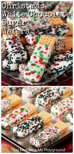 christmas white chocolate sugar wafers with sprinkles on top and in the middle