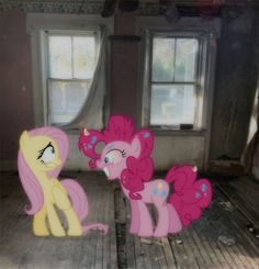 two pinkie ponies standing next to each other in an empty room with windows